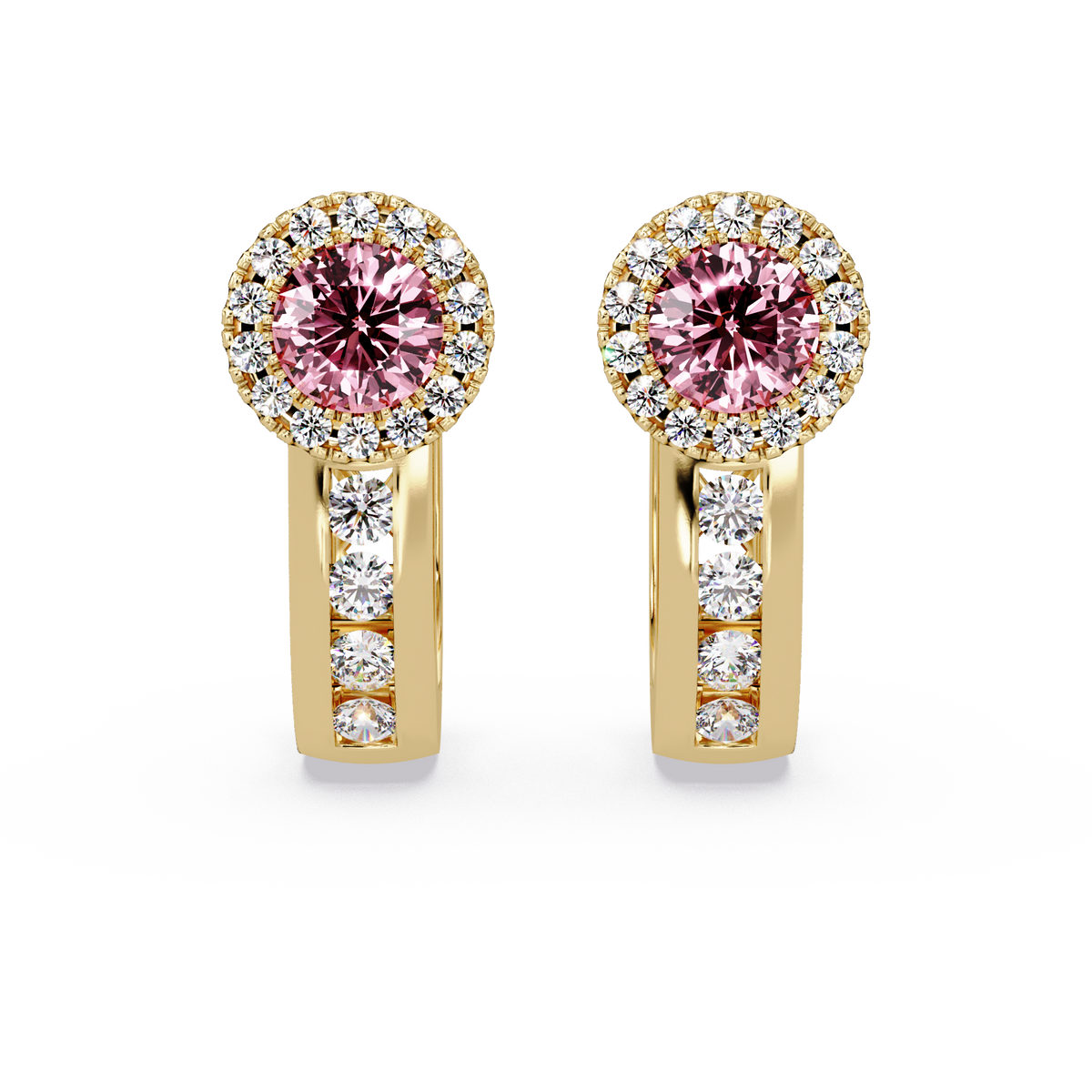 Halo colorstone huggie earrings in yellow gold, Tourmaline Pink center stones