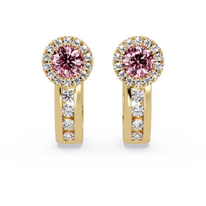 Halo colorstone huggie earrings in yellow gold, Tourmaline Pink center stones