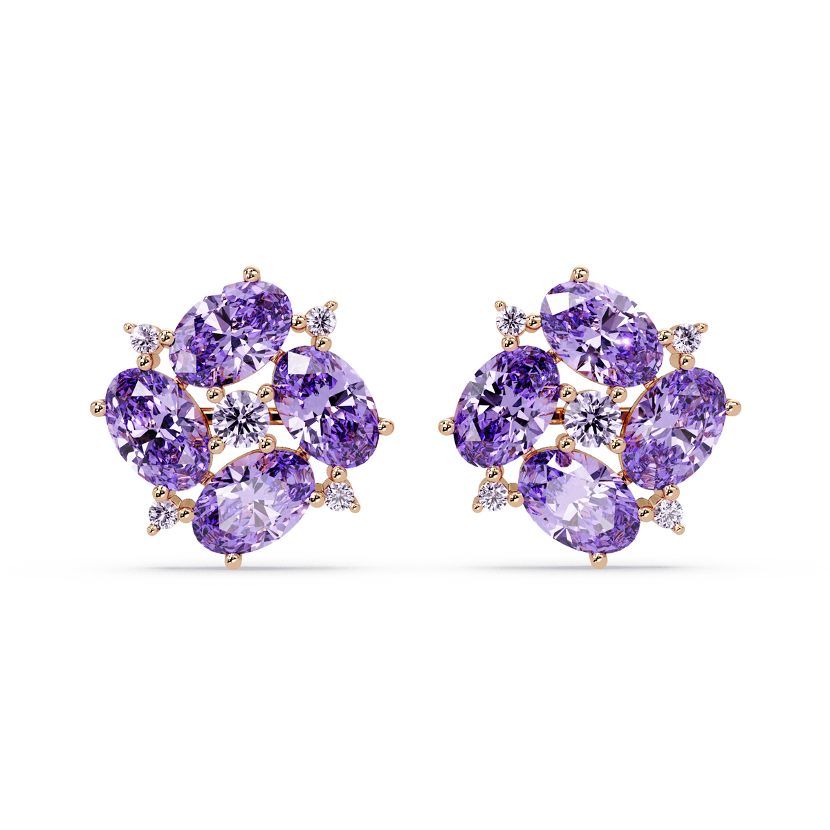 ER CAD-003 oval and round colorstone cluster stud earrings, Amethyst Purple, rose gold