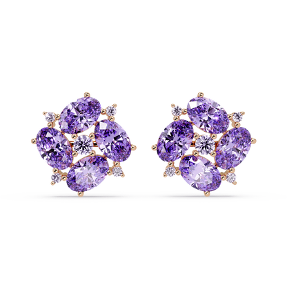 ER CAD-003 oval and round colorstone cluster stud earrings, Amethyst Purple, rose gold