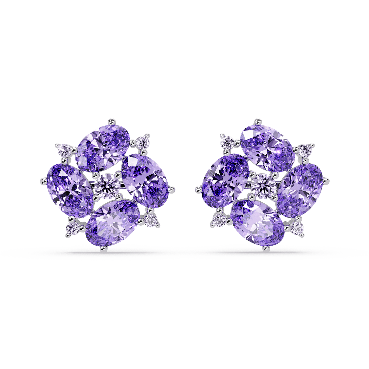 ER CAD-003 oval and round colorstone cluster stud earrings, Amethyst Purple, white gold