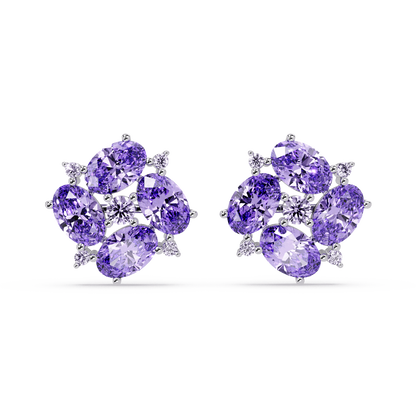 ER CAD-003 oval and round colorstone cluster stud earrings, Amethyst Purple, white gold