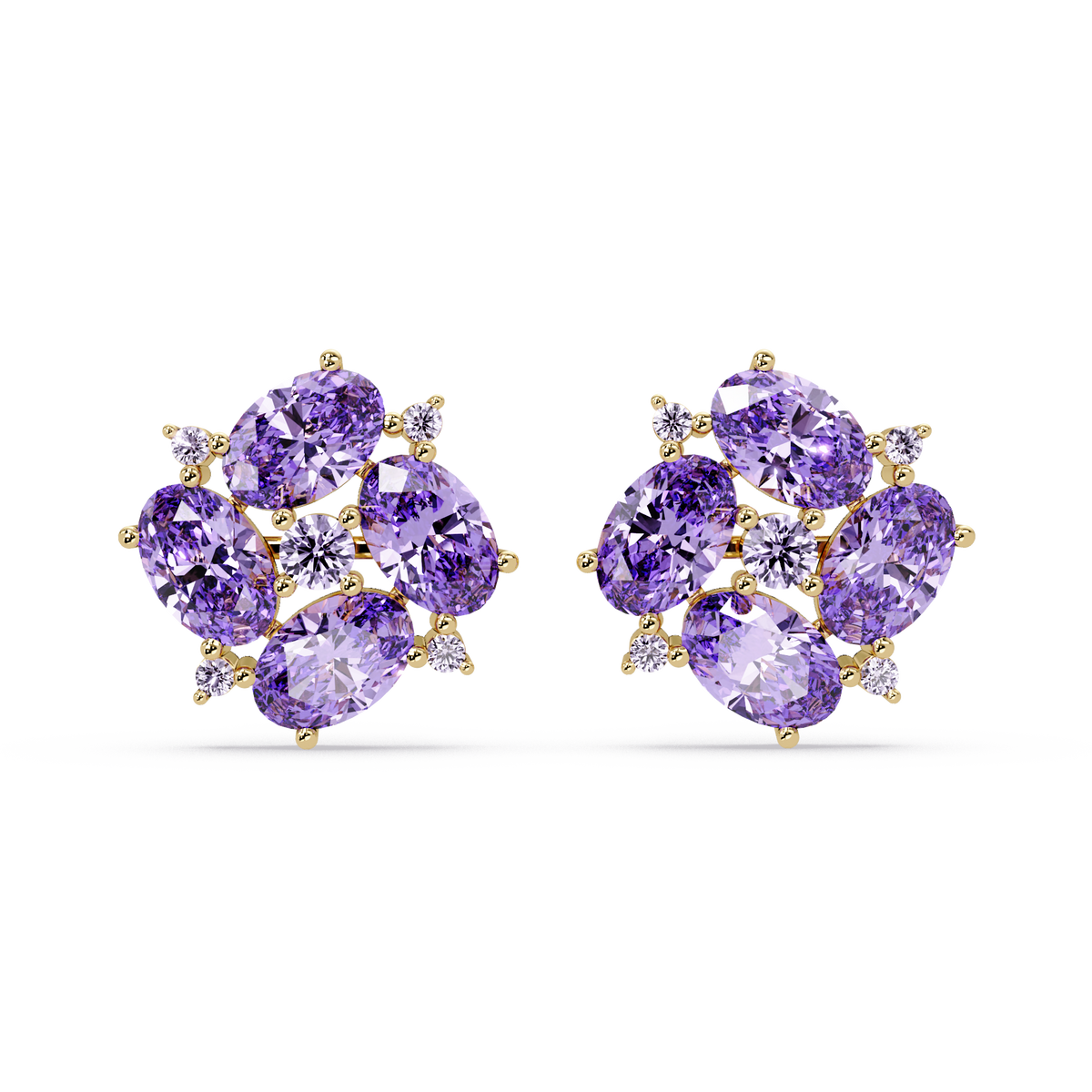 ER CAD-003 oval and round colorstone cluster stud earrings, Amethyst Purple, yellow gold