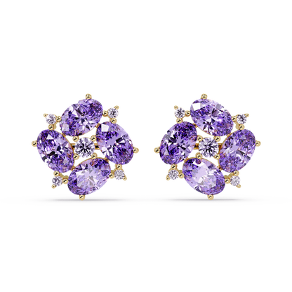 ER CAD-003 oval and round colorstone cluster stud earrings, Amethyst Purple, yellow gold