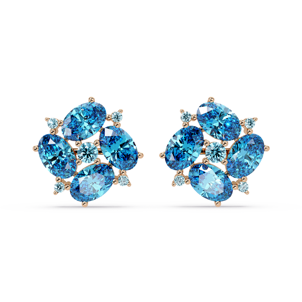 ER CAD-003 oval and round colorstone cluster stud earrings, Aquamarine Blue, rose gold