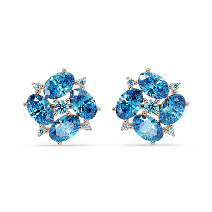 ER CAD-003 oval and round colorstone cluster stud earrings, Aquamarine Blue, rose gold