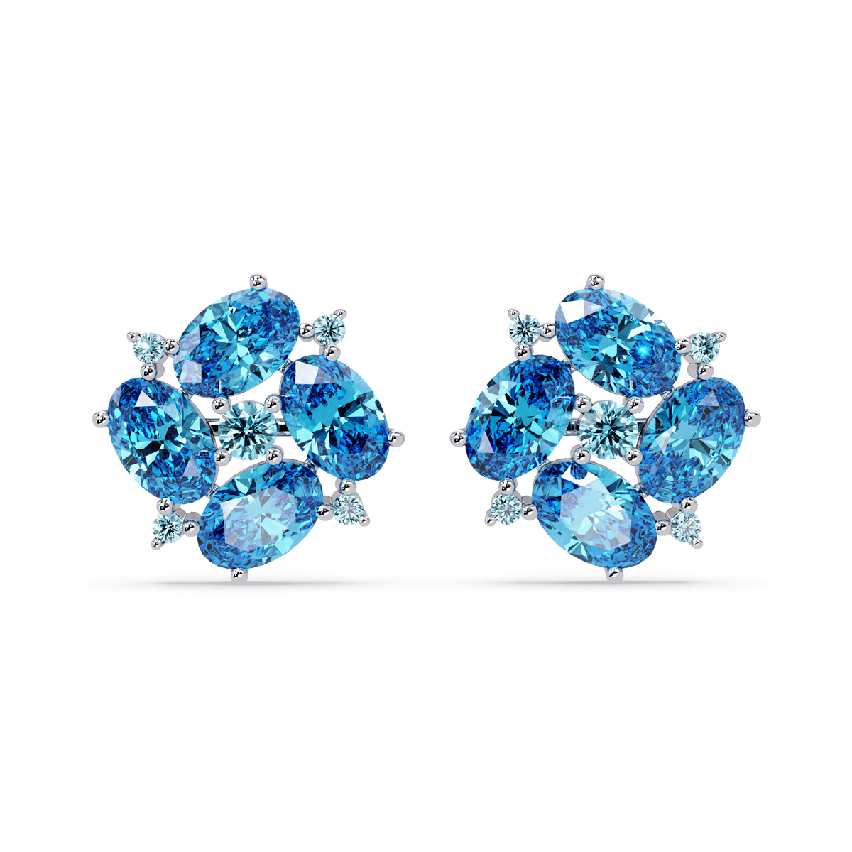 ER CAD-003 oval and round colorstone cluster stud earrings, Aquamarine Blue, white gold