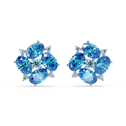 ER CAD-003 oval and round colorstone cluster stud earrings, Aquamarine Blue, white gold