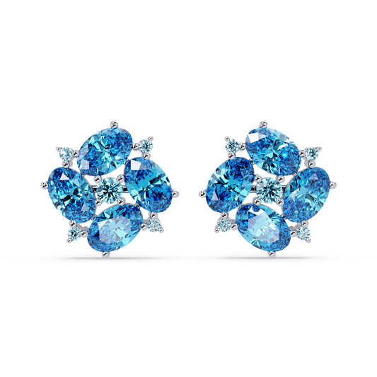 ER CAD-003 oval and round colorstone cluster stud earrings, Aquamarine Blue, white gold