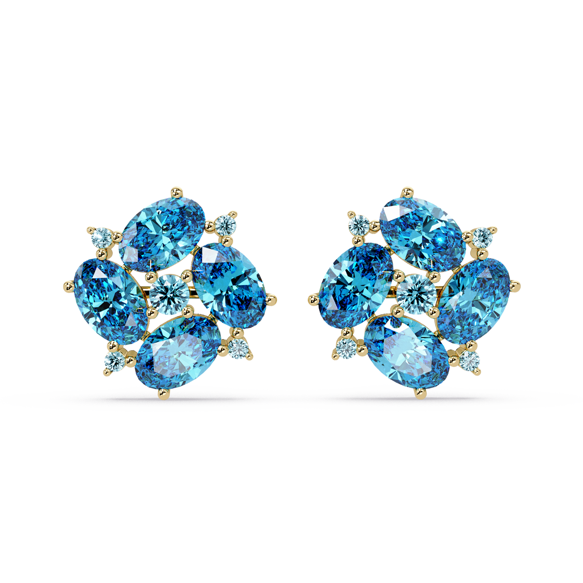 ER CAD-003 oval and round colorstone cluster stud earrings, Aquamarine Blue, yellow gold