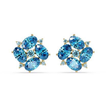 ER CAD-003 oval and round colorstone cluster stud earrings, Aquamarine Blue, yellow gold