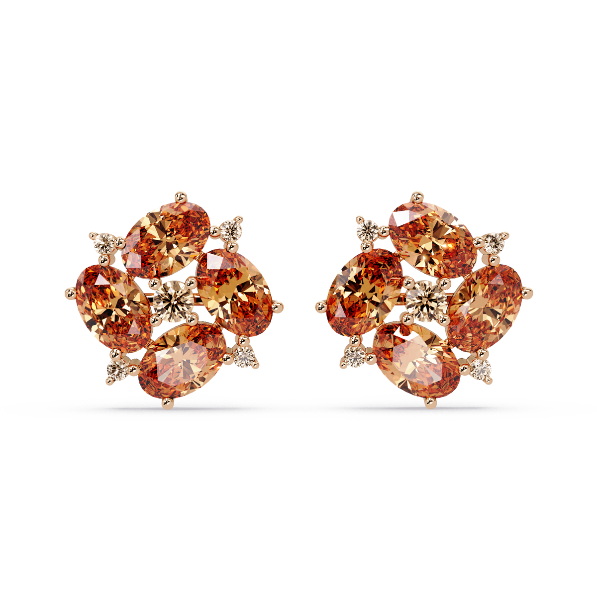 ER CAD-003 oval and round colorstone cluster stud earrings, Champagne Topaz, rose gold