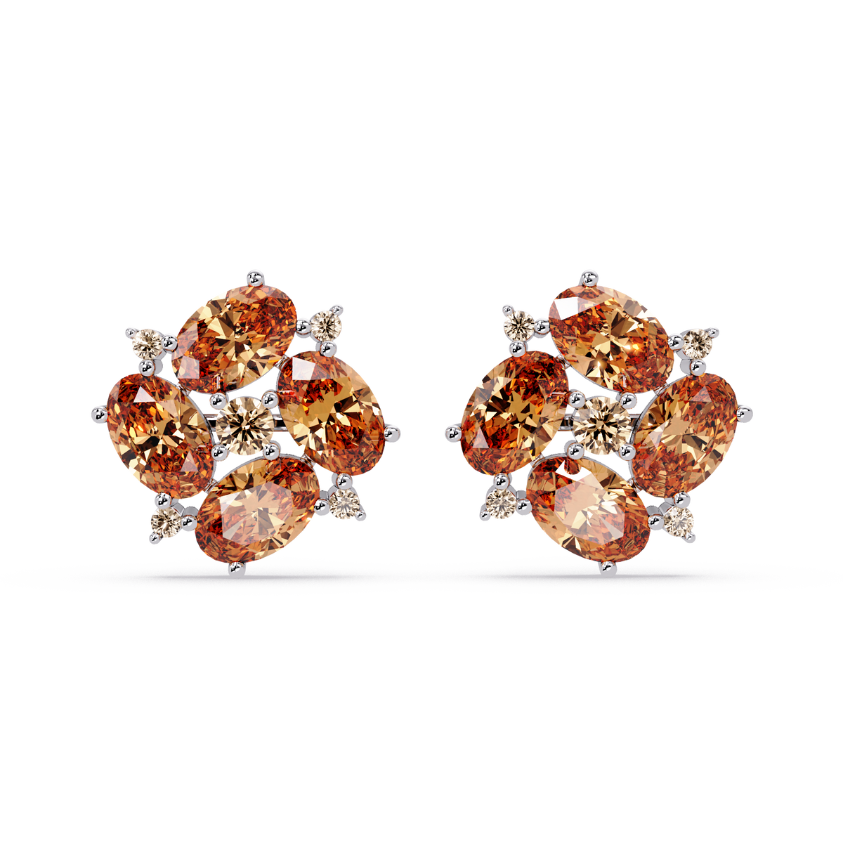ER CAD-003 oval and round colorstone cluster stud earrings, Champagne Topaz, white gold