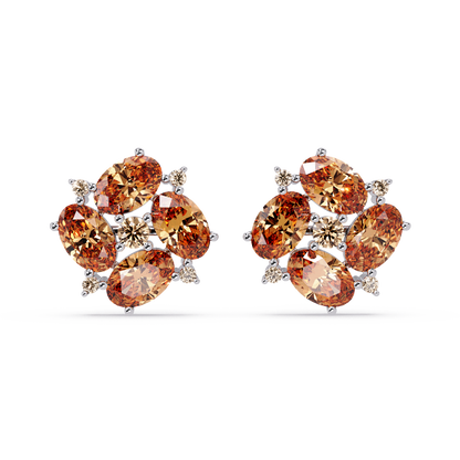 ER CAD-003 oval and round colorstone cluster stud earrings, Champagne Topaz, white gold