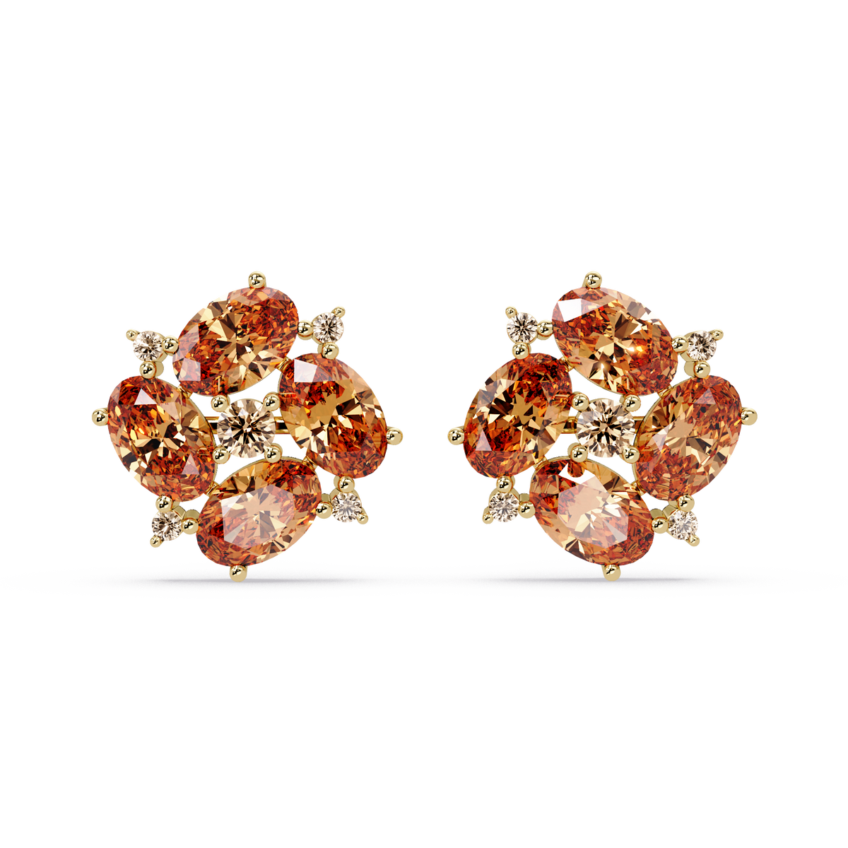ER CAD-003 oval and round colorstone cluster stud earrings, Champagne Topaz, yellow gold