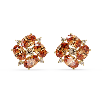 ER CAD-003 oval and round colorstone cluster stud earrings, Champagne Topaz, yellow gold