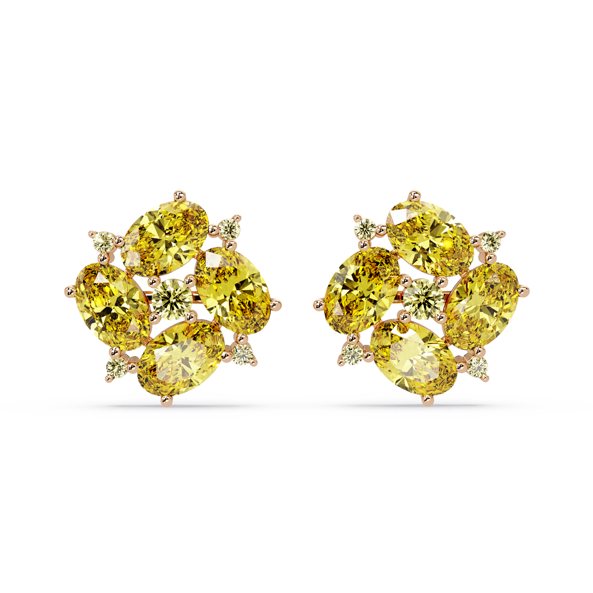 ER CAD-003 oval and round colorstone cluster stud earrings, Citrine Yellow, rose gold