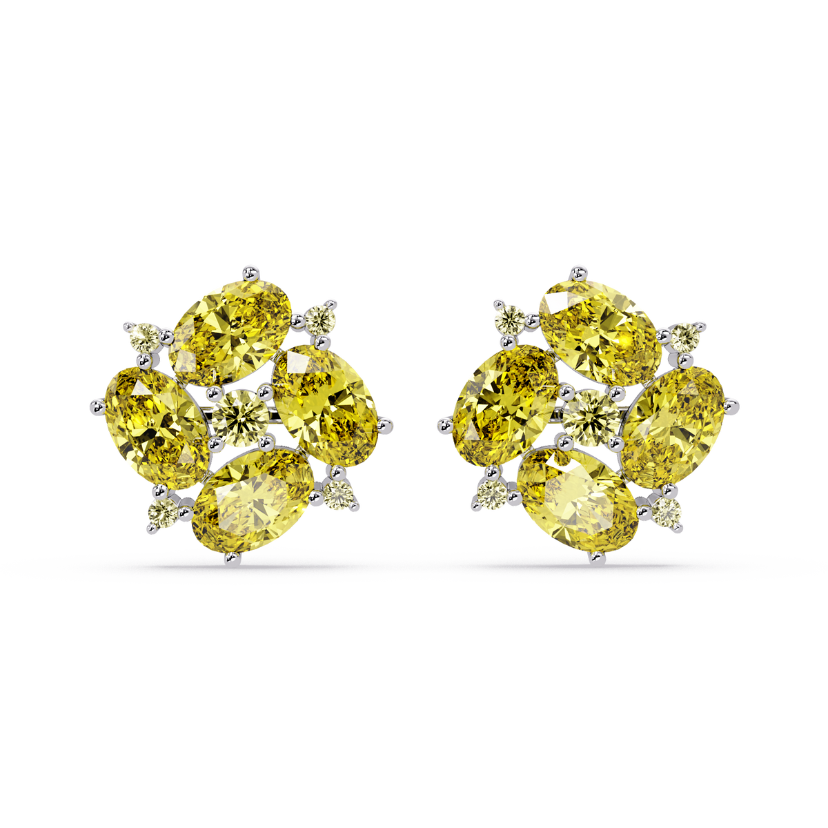 ER CAD-003 oval and round colorstone cluster stud earrings, Citrine Yellow, white gold