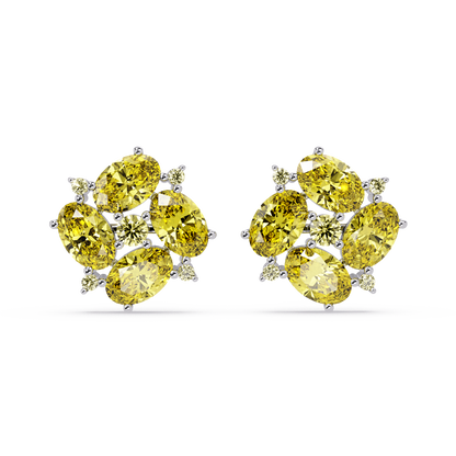 ER CAD-003 oval and round colorstone cluster stud earrings, Citrine Yellow, white gold