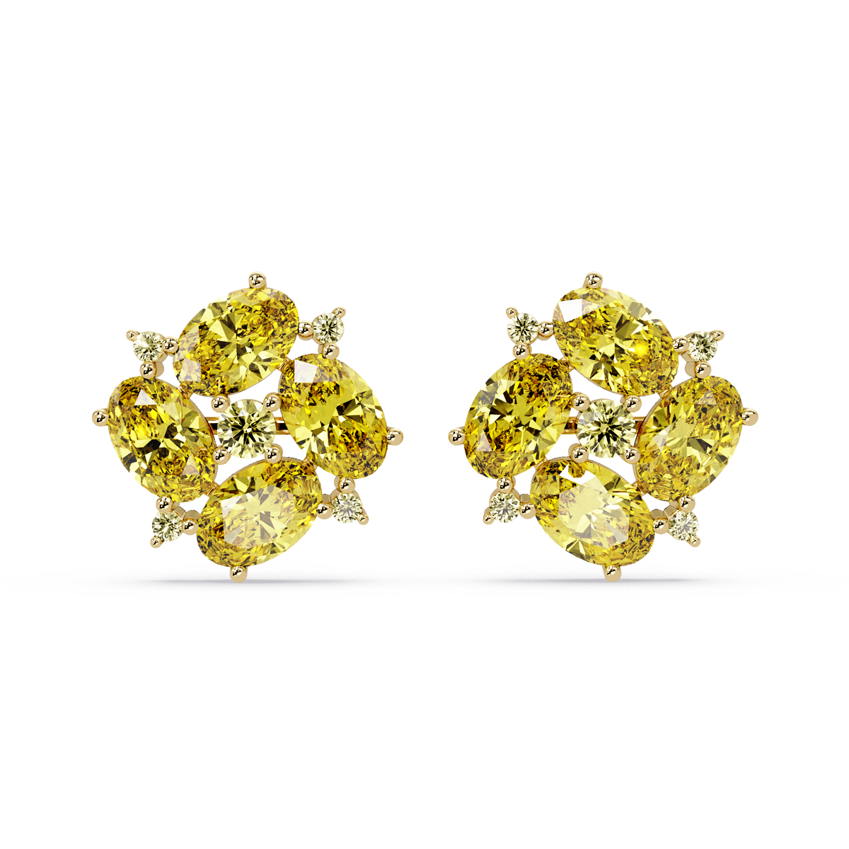 ER CAD-003 oval and round colorstone cluster stud earrings, Citrine Yellow, yellow gold