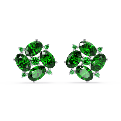 ER CAD-003 oval and round colorstone cluster stud earrings, Emerald Green, white gold