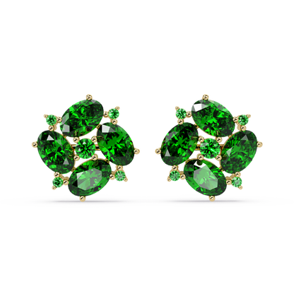ER CAD-003 oval and round colorstone cluster stud earrings, Emerald Green, yellow gold