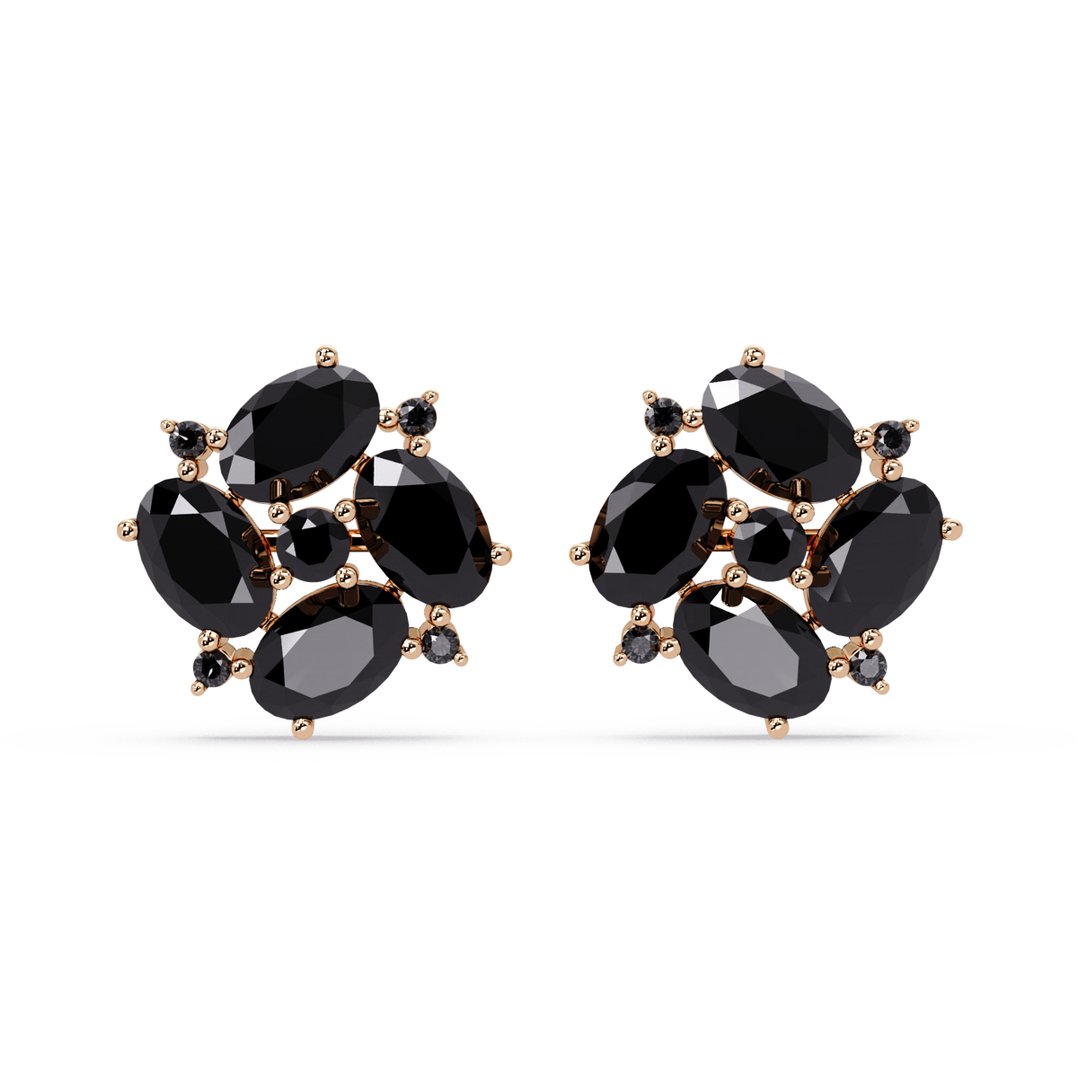 ER CAD-003 oval and round colorstone cluster stud earrings, Onyx, rose gold