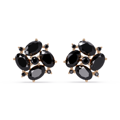 ER CAD-003 oval and round colorstone cluster stud earrings, Onyx, rose gold