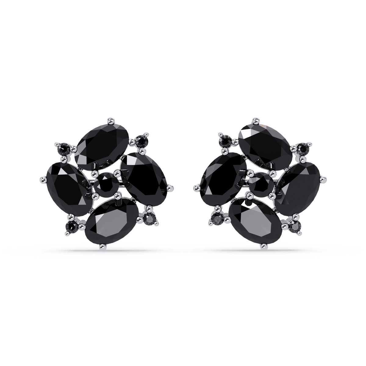 ER CAD-003 oval and round colorstone cluster stud earrings, Onyx, white gold
