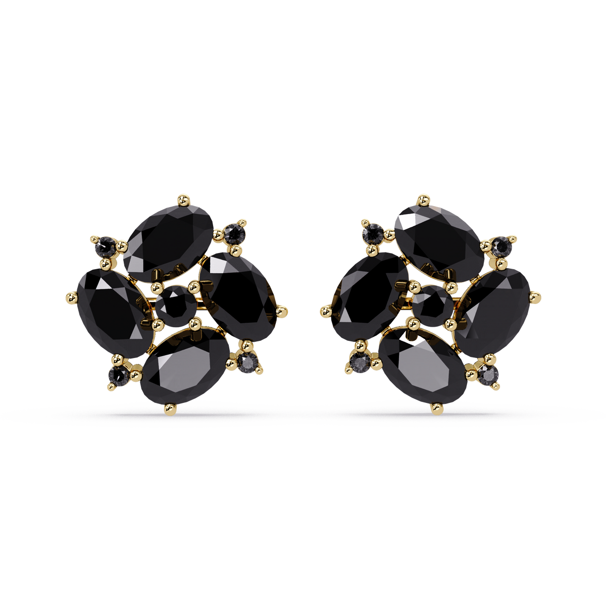 ER CAD-003 oval and round colorstone cluster stud earrings, Onyx, yellow gold