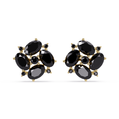 ER CAD-003 oval and round colorstone cluster stud earrings, Onyx, yellow gold
