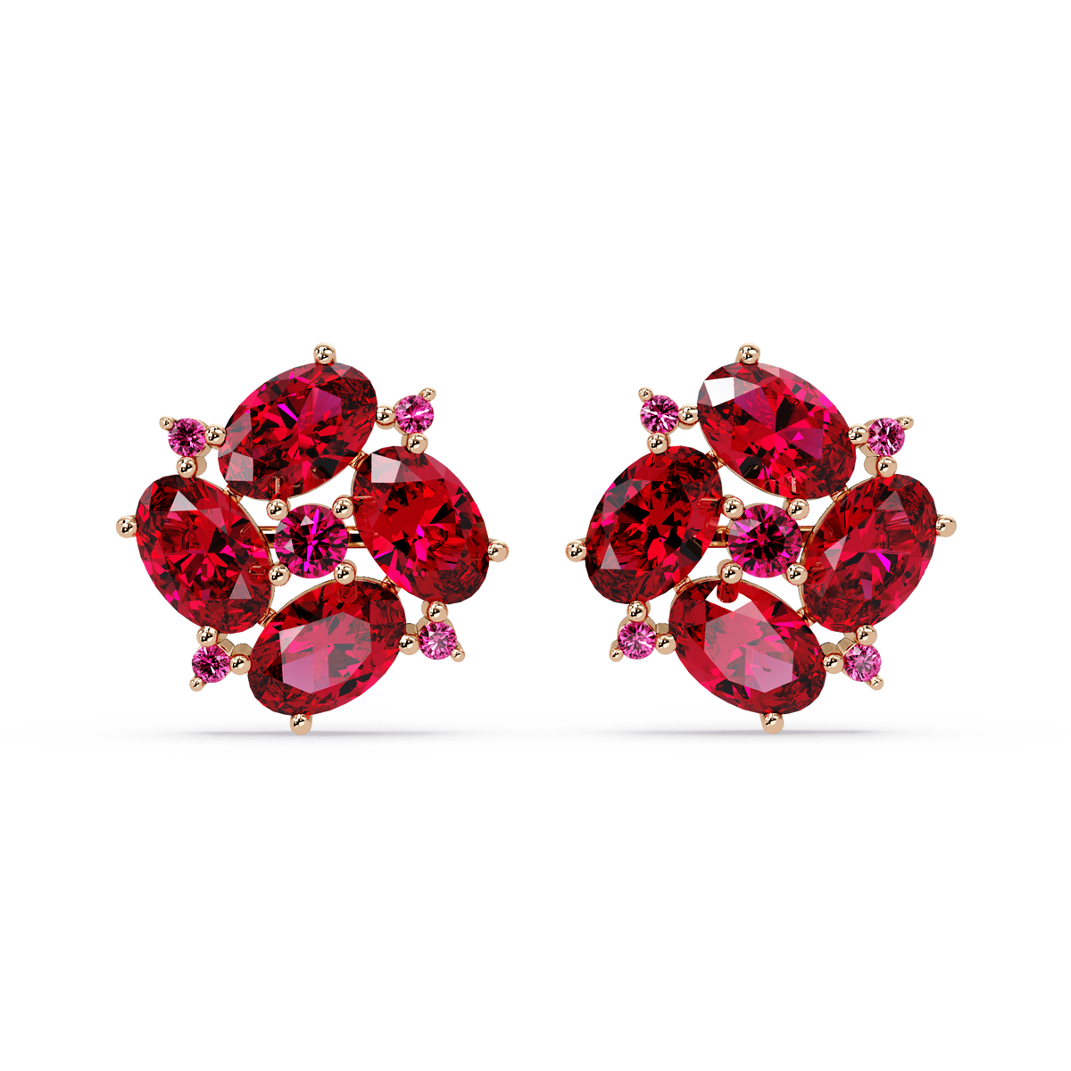 ER CAD-003 oval and round colorstone cluster stud earrings, Ruby Red, rose gold