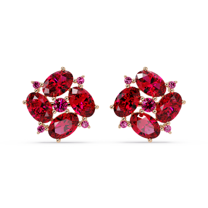 ER CAD-003 oval and round colorstone cluster stud earrings, Ruby Red, rose gold