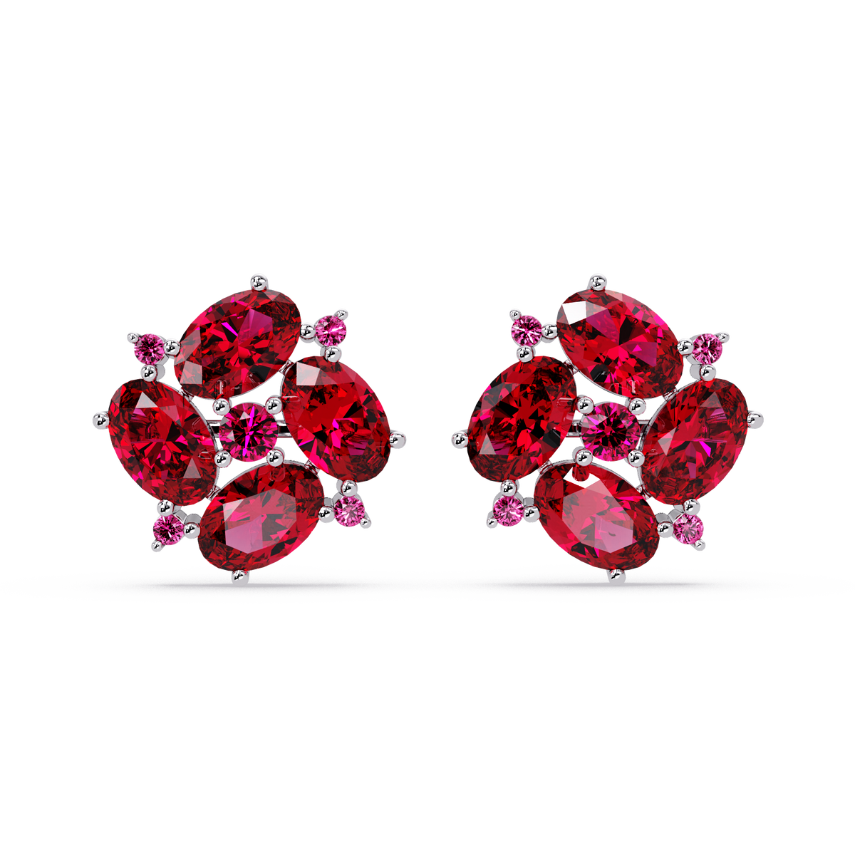 ER CAD-003 oval and round colorstone cluster stud earrings, Ruby Red, white gold