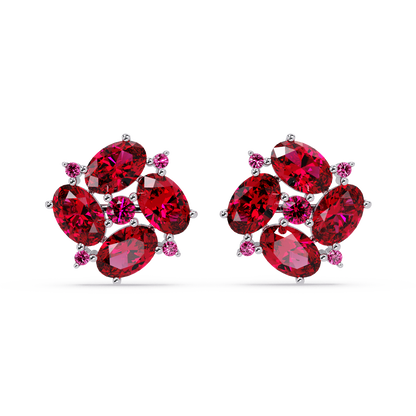 ER CAD-003 oval and round colorstone cluster stud earrings, Ruby Red, white gold