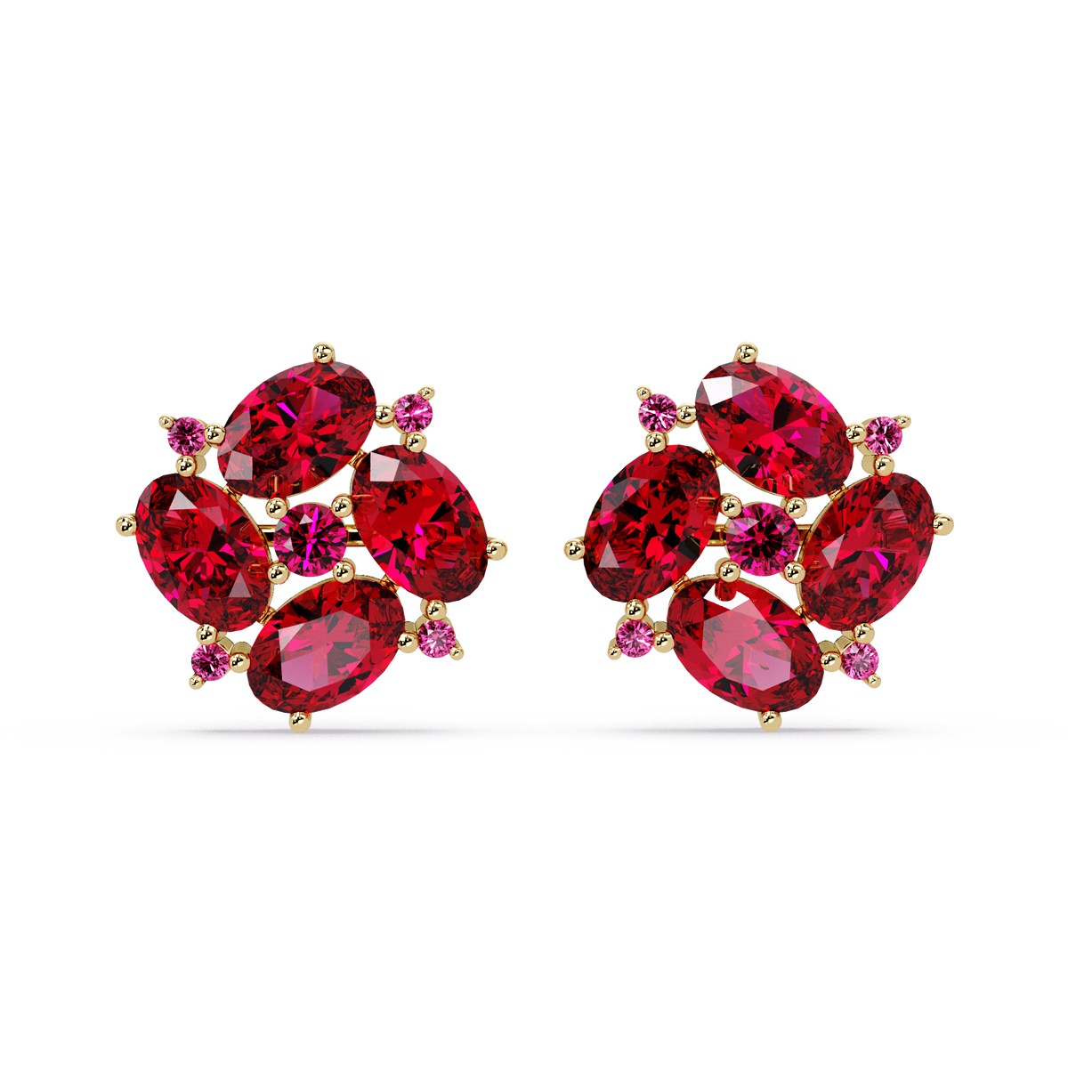 ER CAD-003 oval and round colorstone cluster stud earrings, Ruby Red, yellow gold