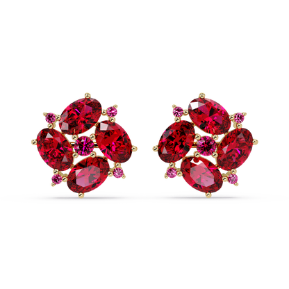 ER CAD-003 oval and round colorstone cluster stud earrings, Ruby Red, yellow gold
