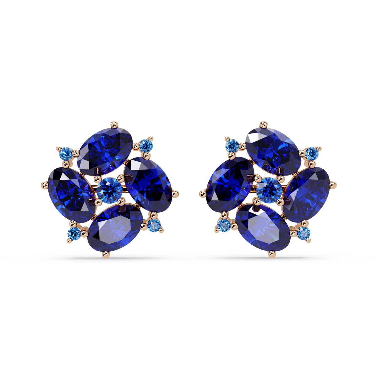 ER CAD-003 oval and round colorstone cluster stud earrings, Sapphire Blue, rose gold