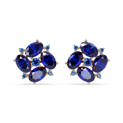 ER CAD-003 oval and round colorstone cluster stud earrings, Sapphire Blue, rose gold
