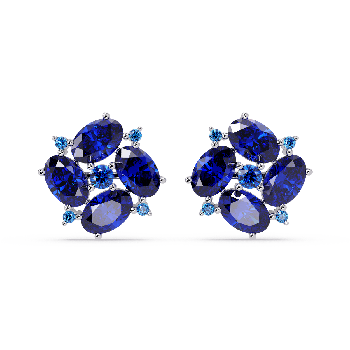 ER CAD-003 oval and round colorstone cluster stud earrings, Sapphire Blue, white gold