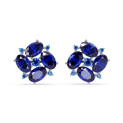 ER CAD-003 oval and round colorstone cluster stud earrings, Sapphire Blue, white gold