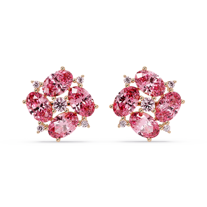 ER CAD-003 oval and round colorstone cluster stud earrings, Tourmaline Pink, rose gold