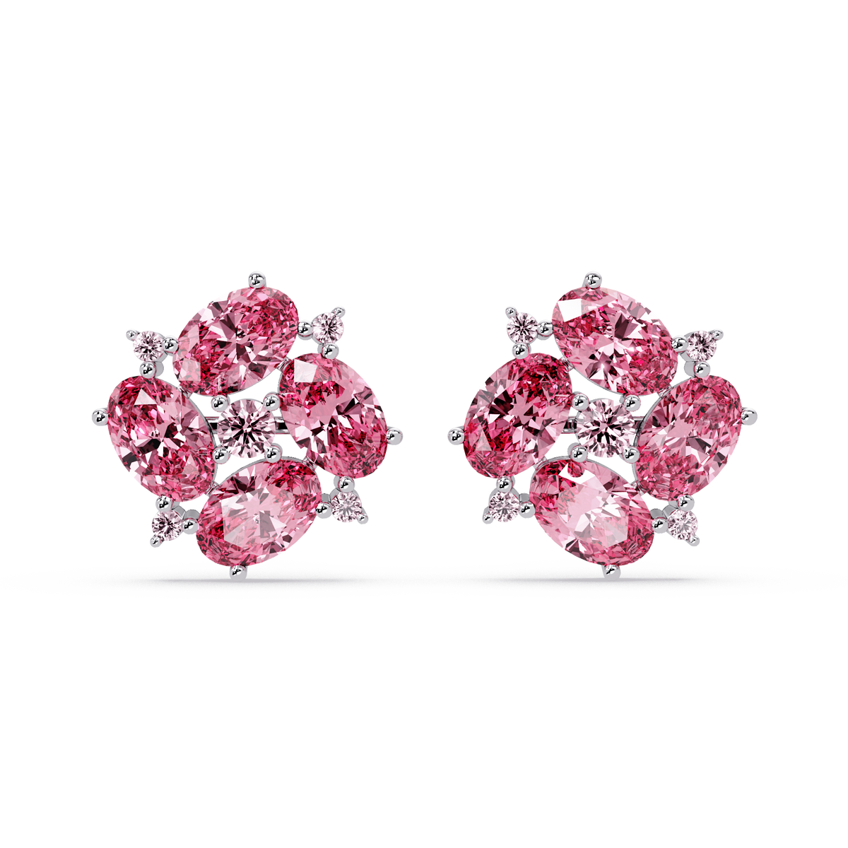 ER CAD-003 oval and round colorstone cluster stud earrings, Tourmaline Pink, white gold