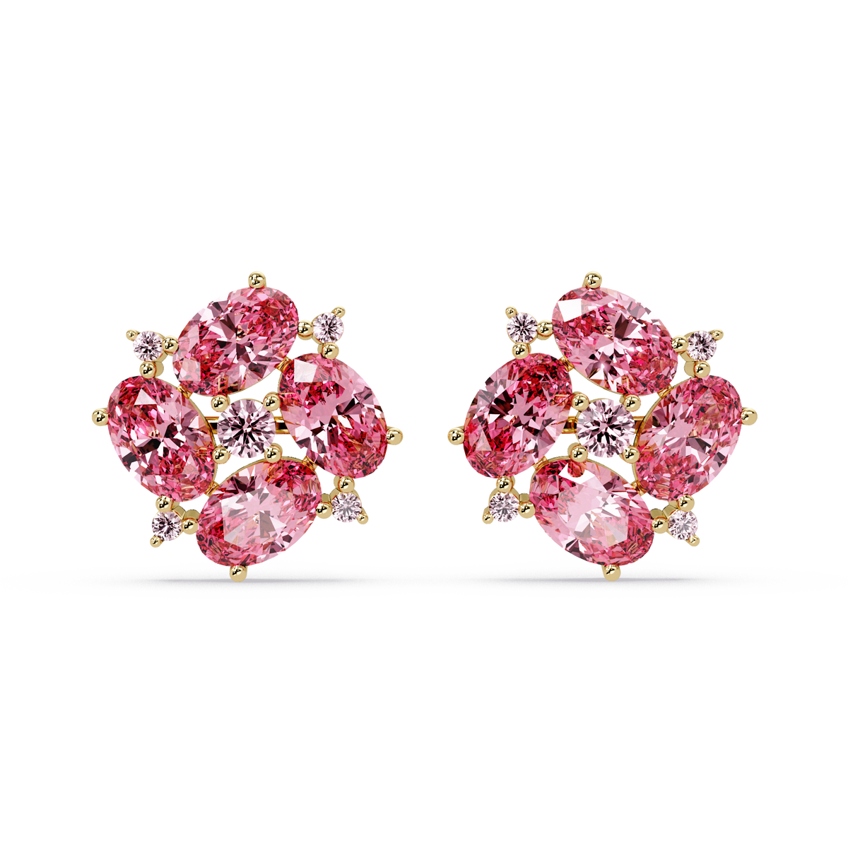 ER CAD-003 oval and round colorstone cluster stud earrings, Tourmaline Pink, yellow gold