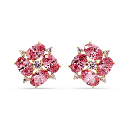 ER CAD-003 oval and round colorstone cluster stud earrings, Tourmaline Pink, yellow gold