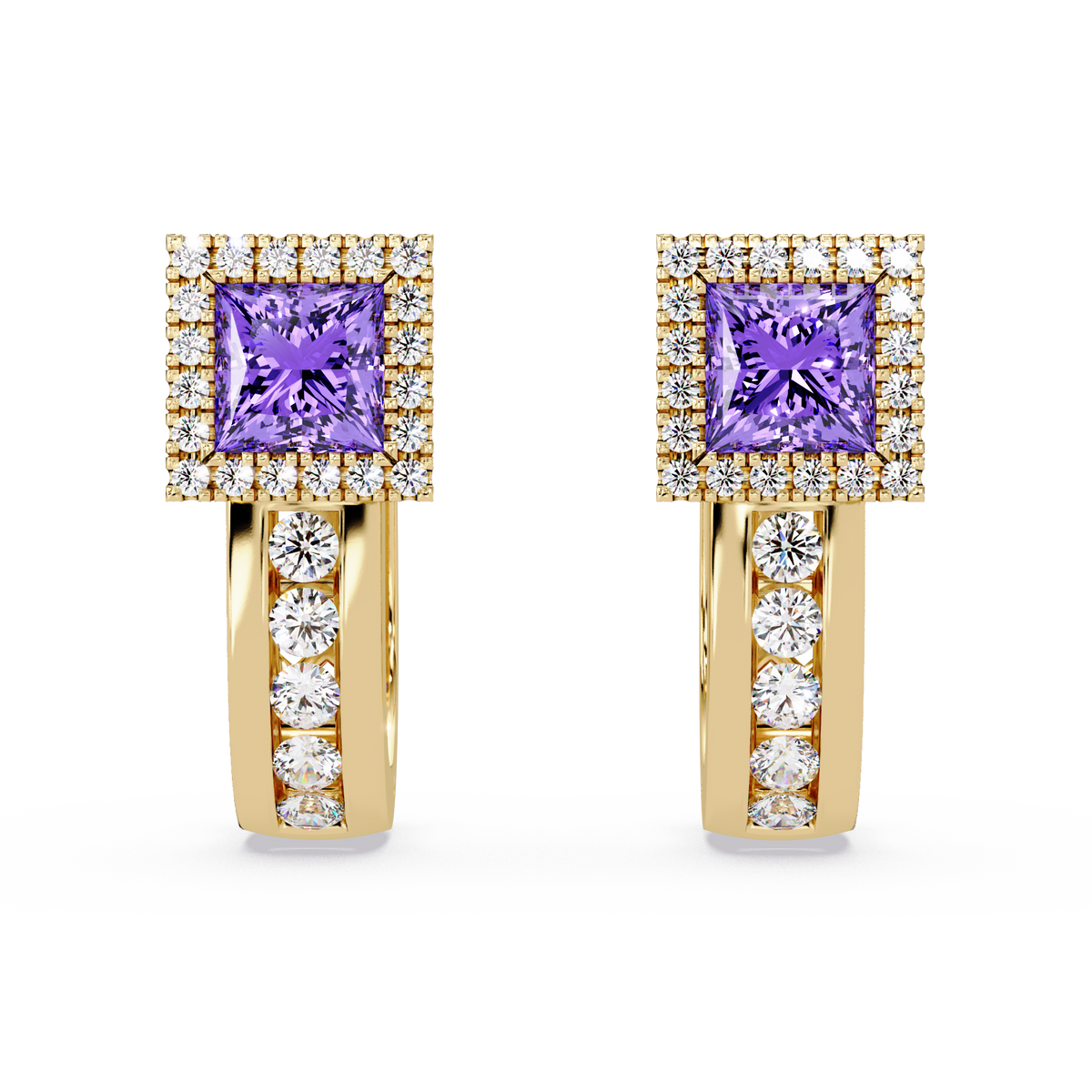 ER CAD004 princess halo colorstone huggie earrings Amethyst Purple Gold