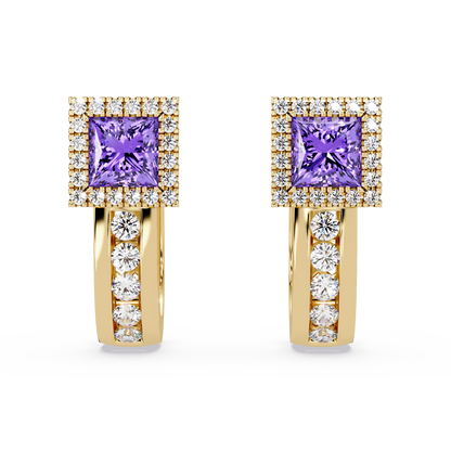 ER CAD004 princess halo colorstone huggie earrings Amethyst Purple Gold