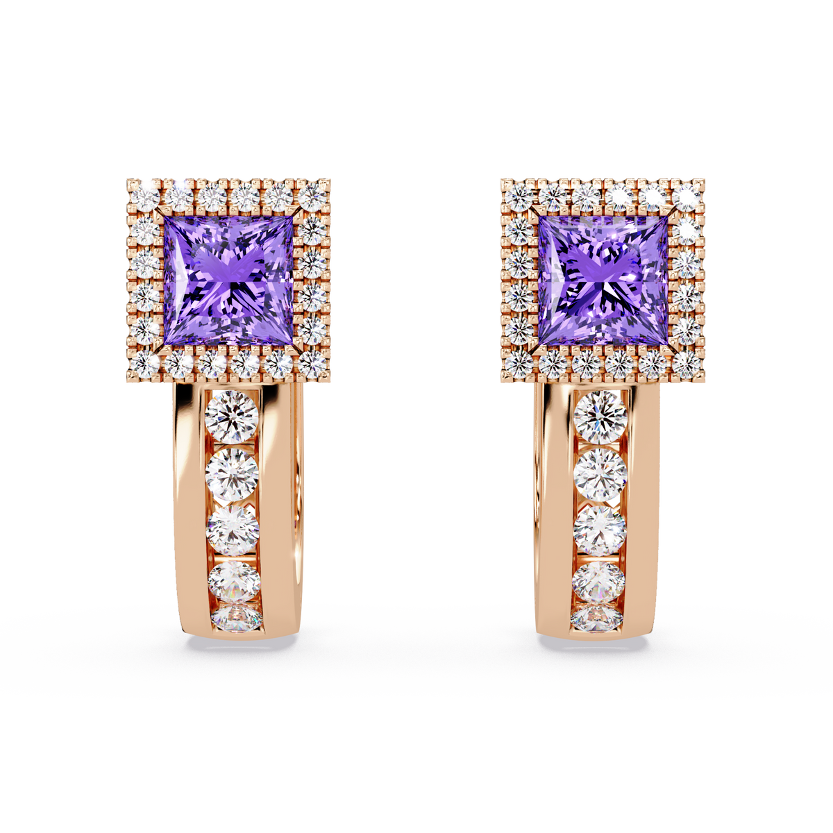ER CAD004 princess halo colorstone huggie earrings Amethyst Purple Rose gold