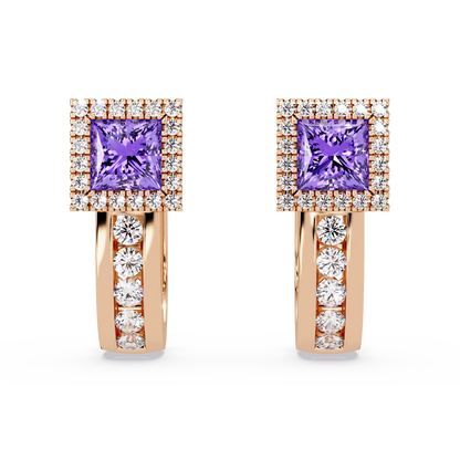 ER CAD004 princess halo colorstone huggie earrings Amethyst Purple Rose gold