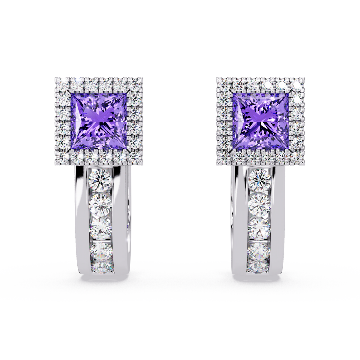 ER CAD004 princess halo colorstone huggie earrings Amethyst Purple White gold